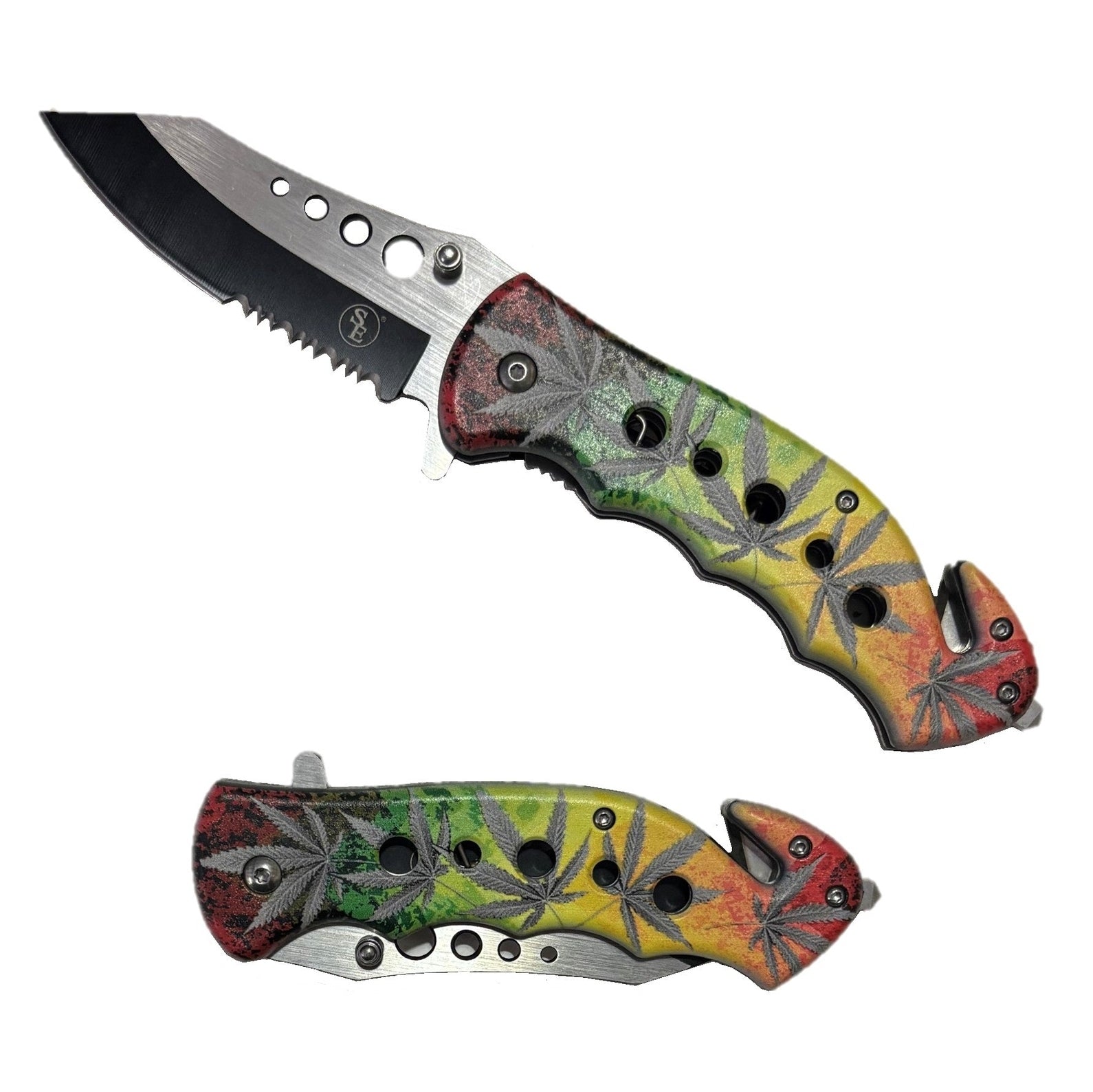 Spring Assisted Clip Point Half Serrated, Colorful Leaf Design