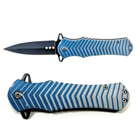 Spring Assisted Blue & White Chevron Design Drop Point Pocket Knife